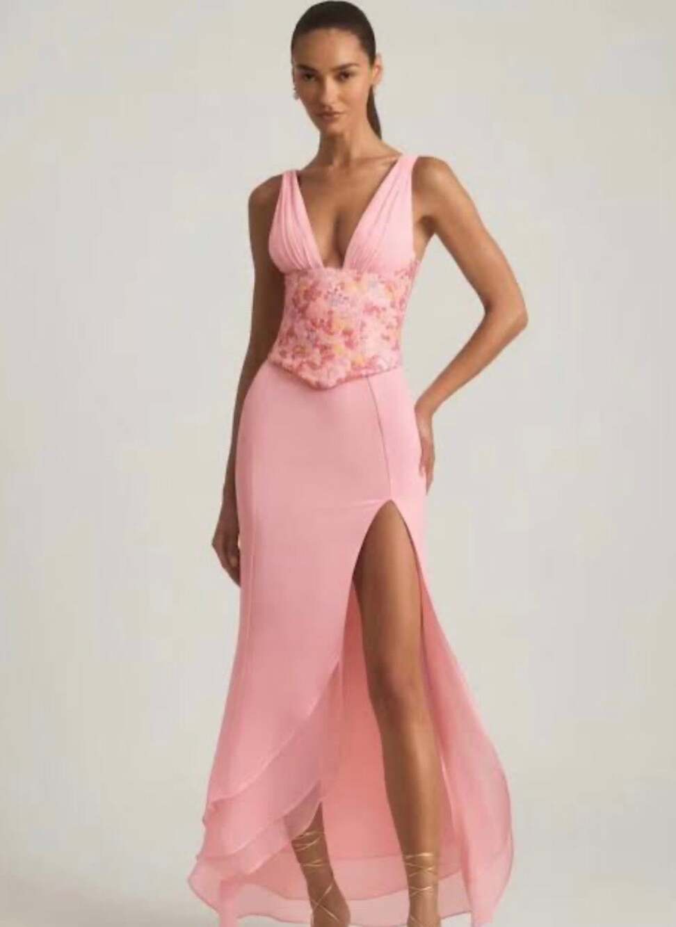 Oh Polly V-neck Sleeveless Corset Maxi Dress High Slit Pink Size 10